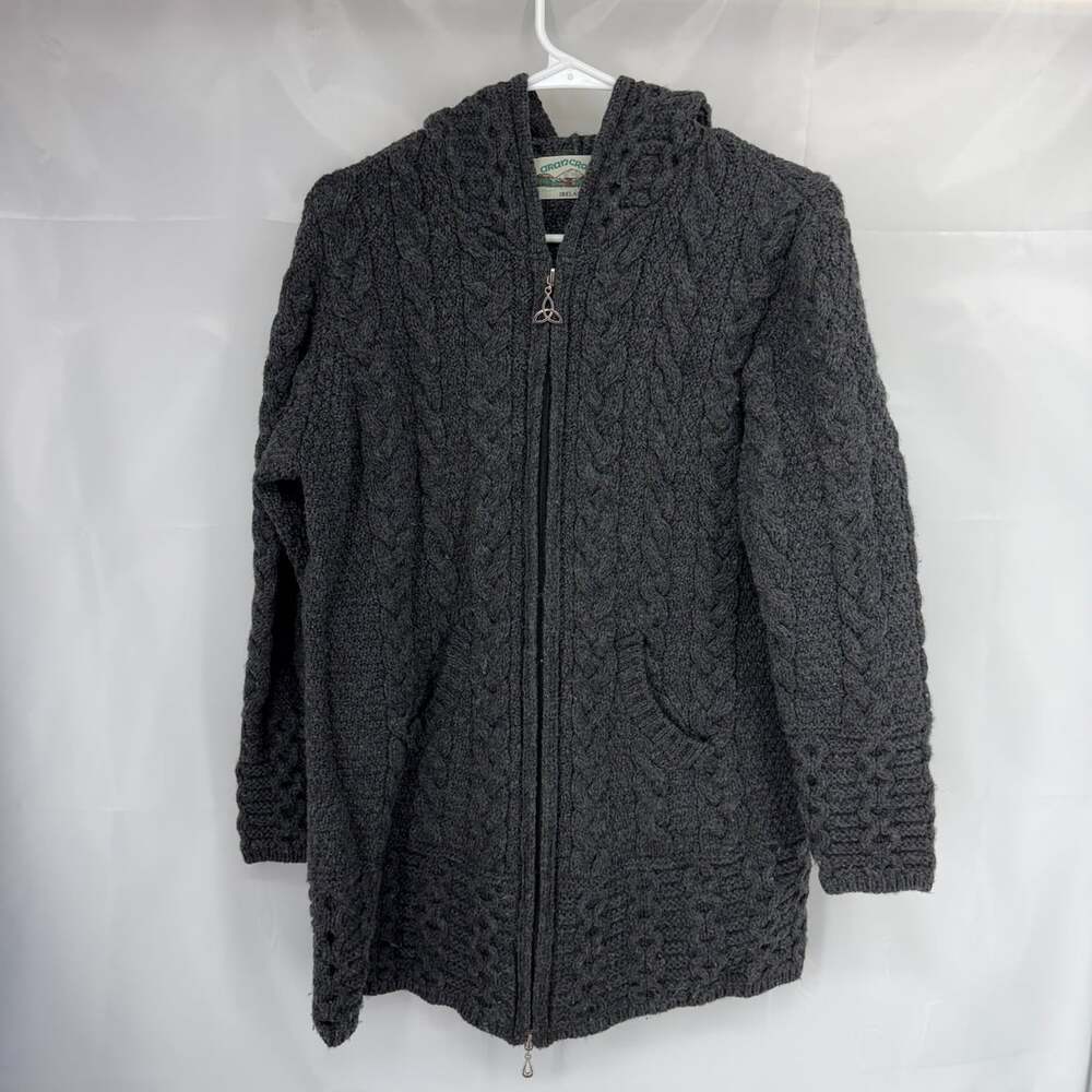 Aran Crafts Ireland Women S 100% Merino Wool Full Zip Sweater Cable Knit Gray